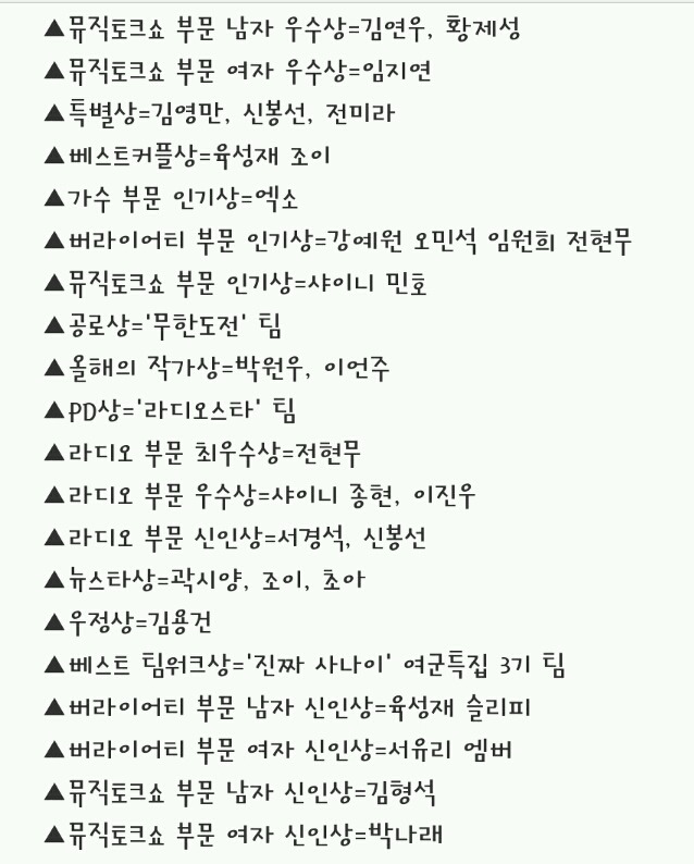 MBC연예대상 수상자 명단 | 인스티즈