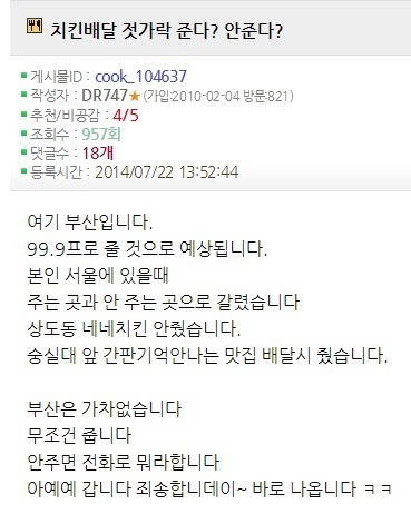치킨 시키면 젓가락 준다 vs 안준다 | 인스티즈